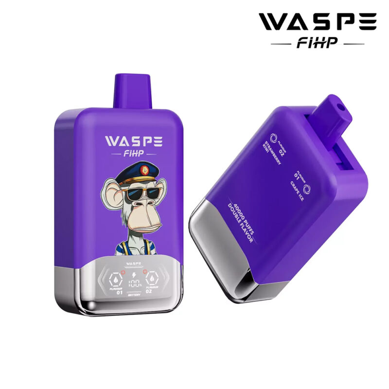 A purple disposable vape device featuring a cartoon ape in sunglasses and uniform, labeled "WASPE FIHP," with details about dual flavors and puff count.