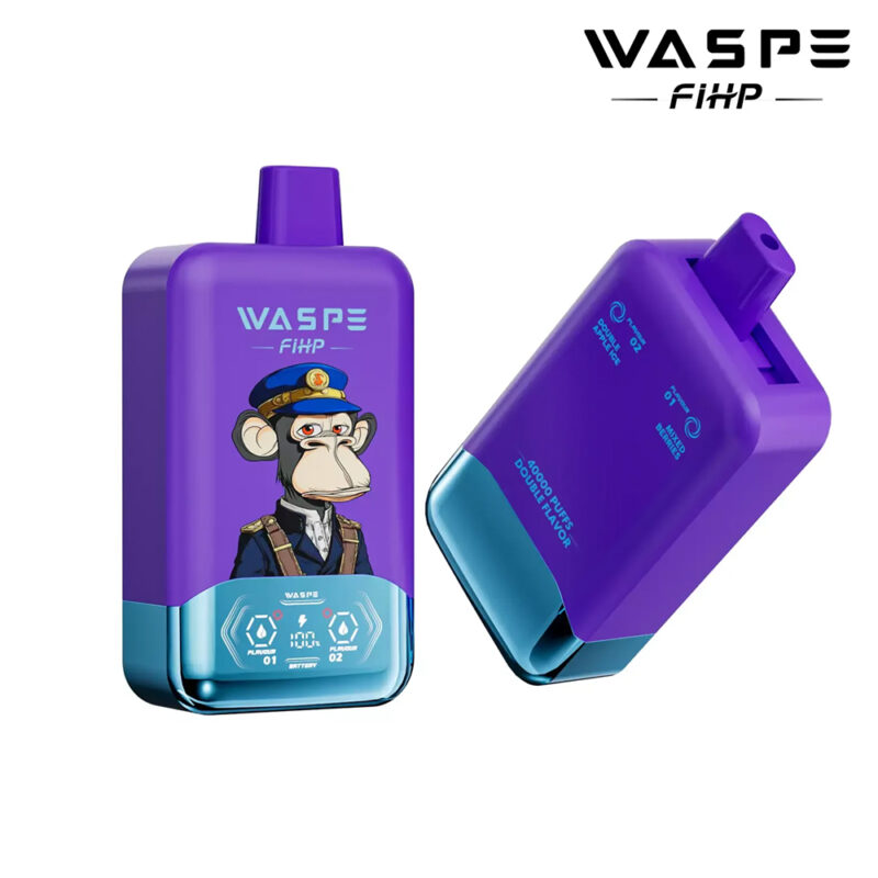A purple vape device featuring a cartoon monkey in a military-style outfit on one side, with the brand name "WASPE" and product details displayed on the bottom. The other side shows an intake opening and additional product specifications.