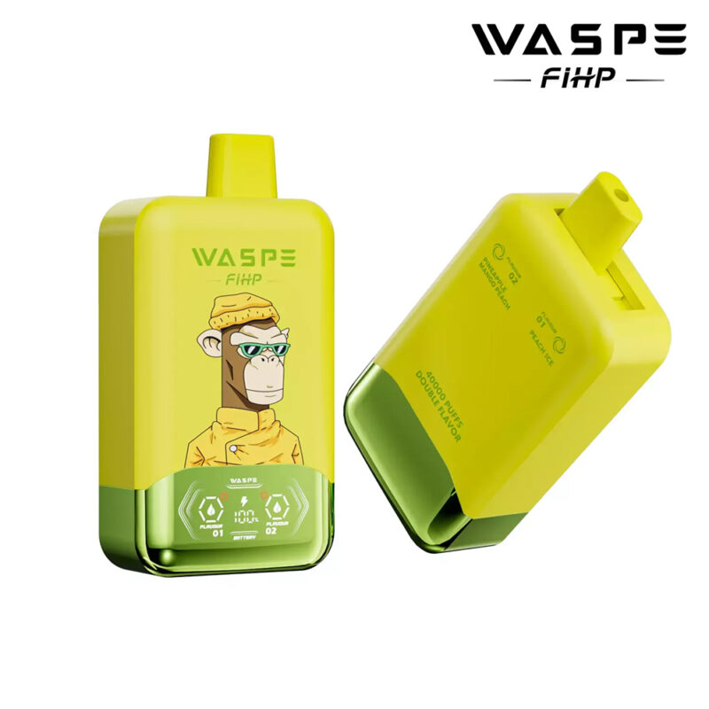 A yellow and green disposable vape device featuring a cartoon monkey in a yellow outfit and sunglasses, with branding "WASPE FIHP" and specifications like "40000 puffs" printed on it.
