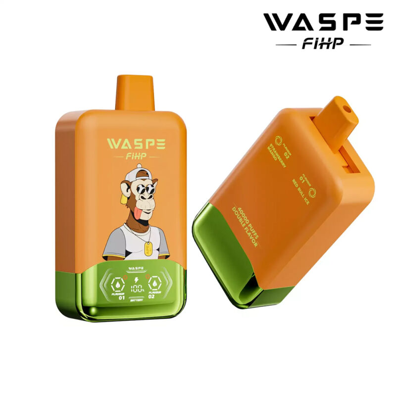 Orange and green dual-flavor vape device with cartoon monkey design, labeled "WASPE FIHP."