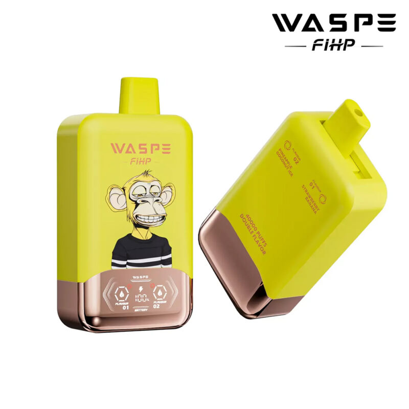 Yellow vape device with a cartoon monkey graphic on the front, labeled "WASPE FIHP," featuring a dual-flavor design and 40,000 puffs capacity.