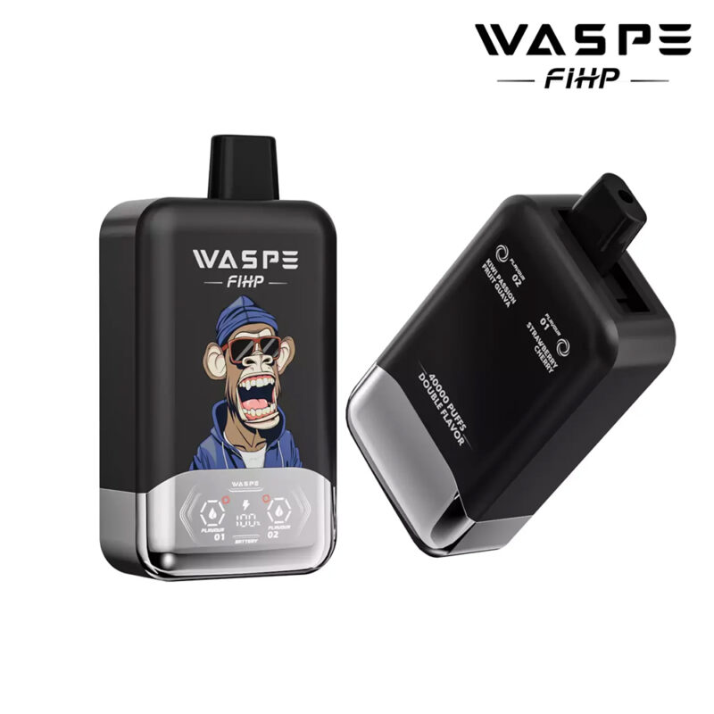 Black WASPE FIHP vape device featuring a cartoon monkey design, dual flavor options labeled "Watermelon Bubblegum" and "Strawberry Cherry," and a display showing flavor selection and battery level.
