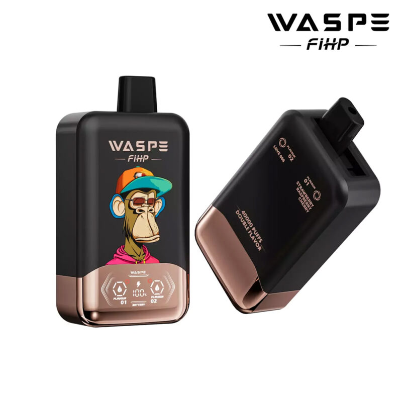 A black and bronze rectangular vape device with a cartoon monkey wearing a cap and sunglasses on the front, labeled "WASPE FIHP," featuring a digital display and double flavor options.