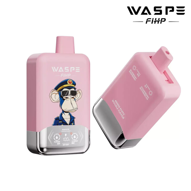 Pink WASPE FIHP vaping device with a cartoon monkey in a police uniform on the front, featuring a dual flavor system and 40000 puffs capacity.