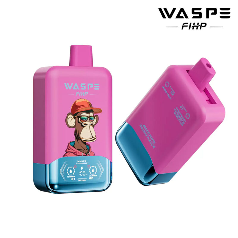 Pink and blue disposable vape device with a graphic of a cartoon monkey wearing glasses and a red cap, branded as "WASPE FIHP."