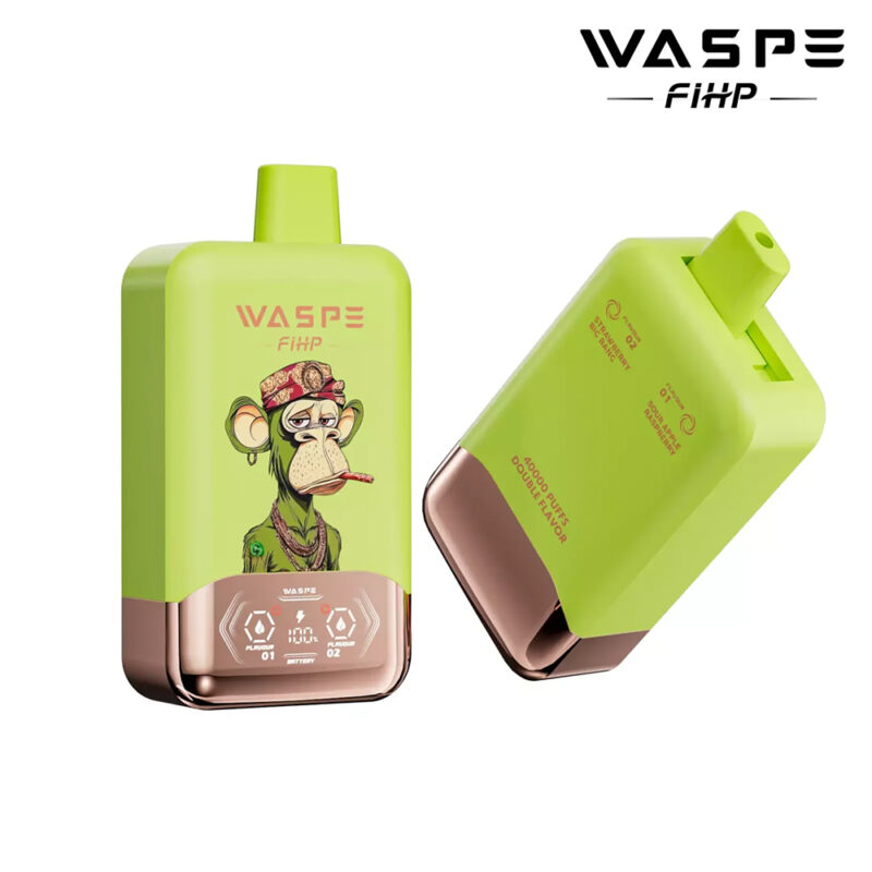 A green and gold vape device with a cartoon monkey design, labeled "WASPE FIHP," featuring dual flavor options and a digital display.