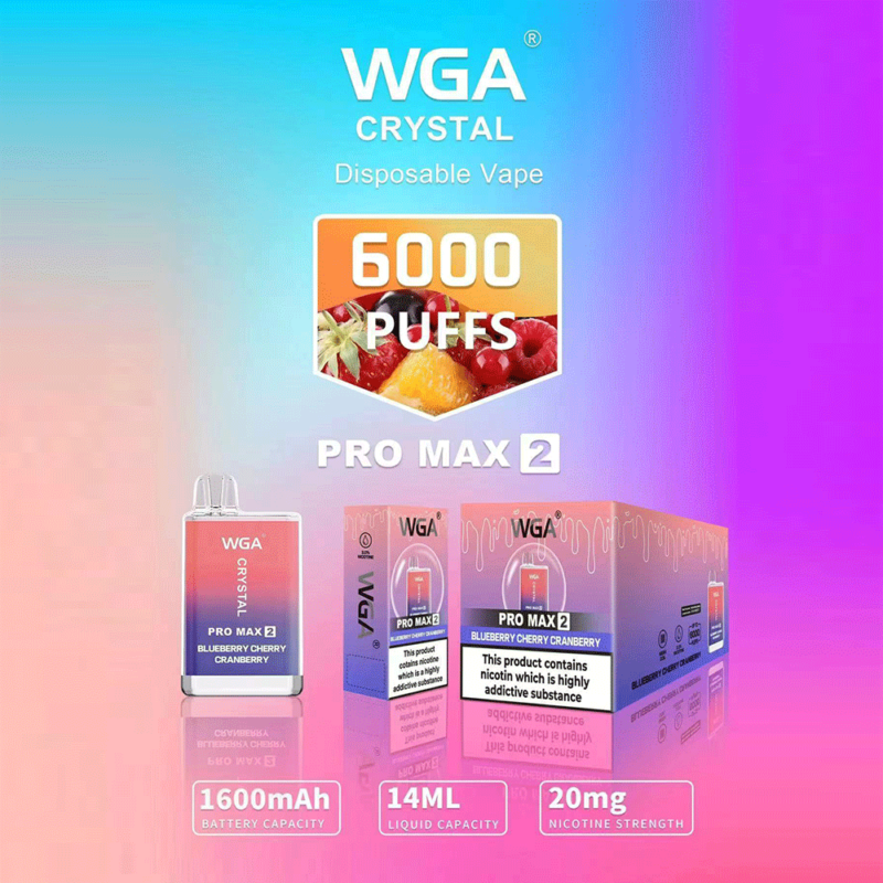 Imagen promocional del vaporizador desechable WGA Crystal 6000 Puffs que muestra un dispositivo y un empaque con sabores de arándano, cereza y arándano rojo, 6000 bocanadas, batería de 1600 mAh, 14 ml de líquido y 20 mg de concentración de nicotina.