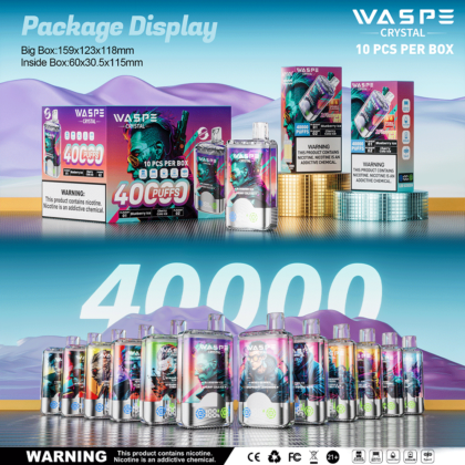 Vape-Paket-Display mit WASPE Crystal, mit 10 Stück pro Karton, 40000 Zügen pro Gerät und Blaubeereis-Geschmack.