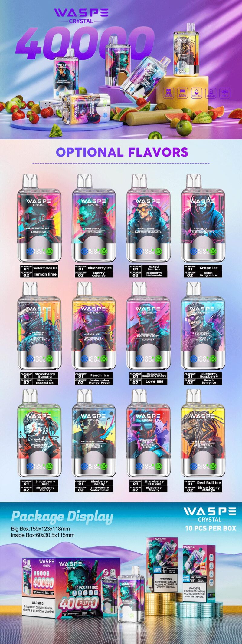 WASPE Crystal 40000 Puffs vape products with various optional flavors and package display, featuring colorful design and branding.
