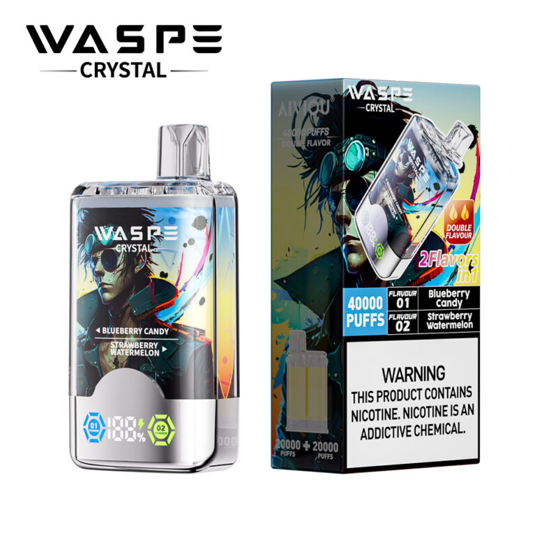 A vape device labeled "WASPE CRYSTAL" with double flavors, blueberry candy and strawberry watermelon, offering 40,000 puffs, and a warning about nicotine content.
