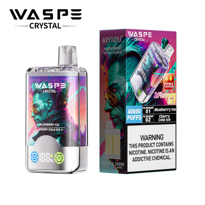 A colorful vape device labeled "WASPE CRYSTAL" featuring designs of a person with sunglasses and vibrant graphics, accompanied by a box highlighting the flavors "Blueberry Ice" and "Cherry Cola Ice," with a warning about nicotine.