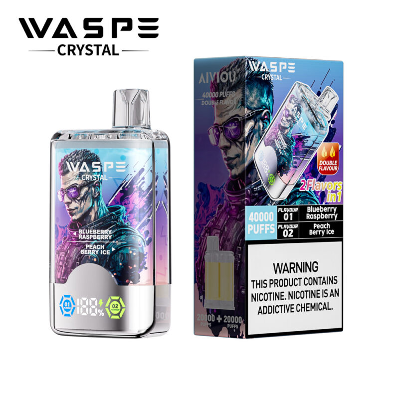 WASPE Crystal vape device with dual flavors (Blueberry Raspberry and Peach Berry Ice), 40,000 puffs, and a warning about nicotine.