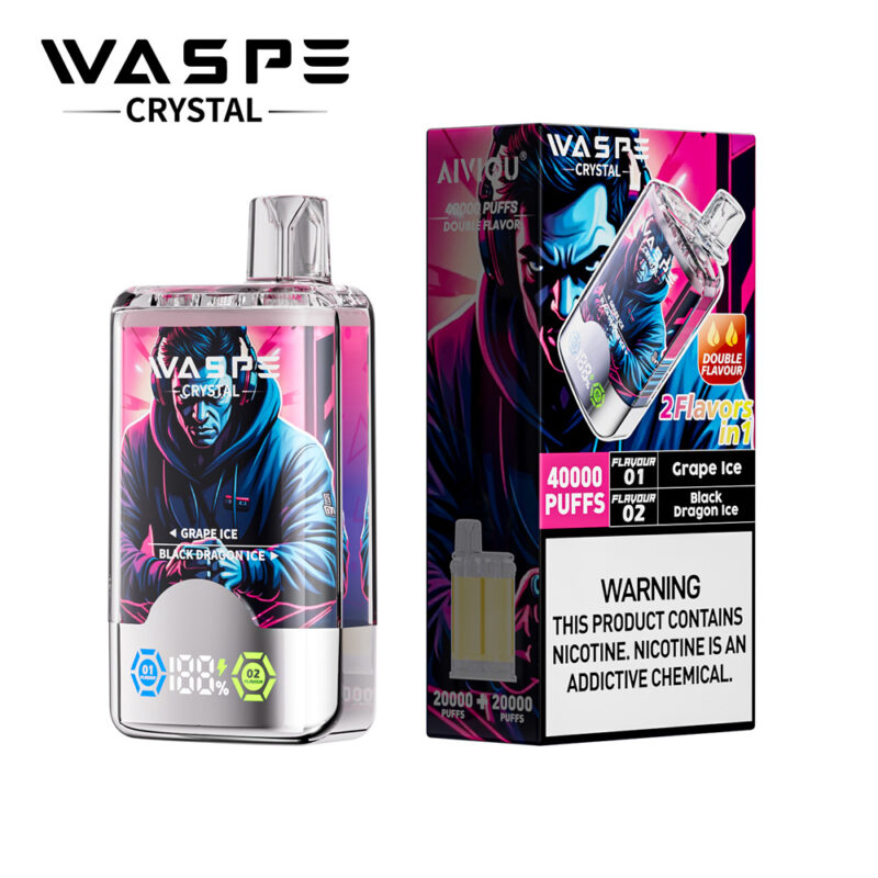 Vape device with grape ice and black dragon ice flavors, featuring a 40,000 puff capacity and a digital display.