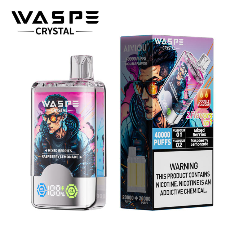 WASPE Crystal vape device with mixed berries and raspberry lemonade flavors, featuring a 40000 puffs capacity, displayed with its packaging and warning label.