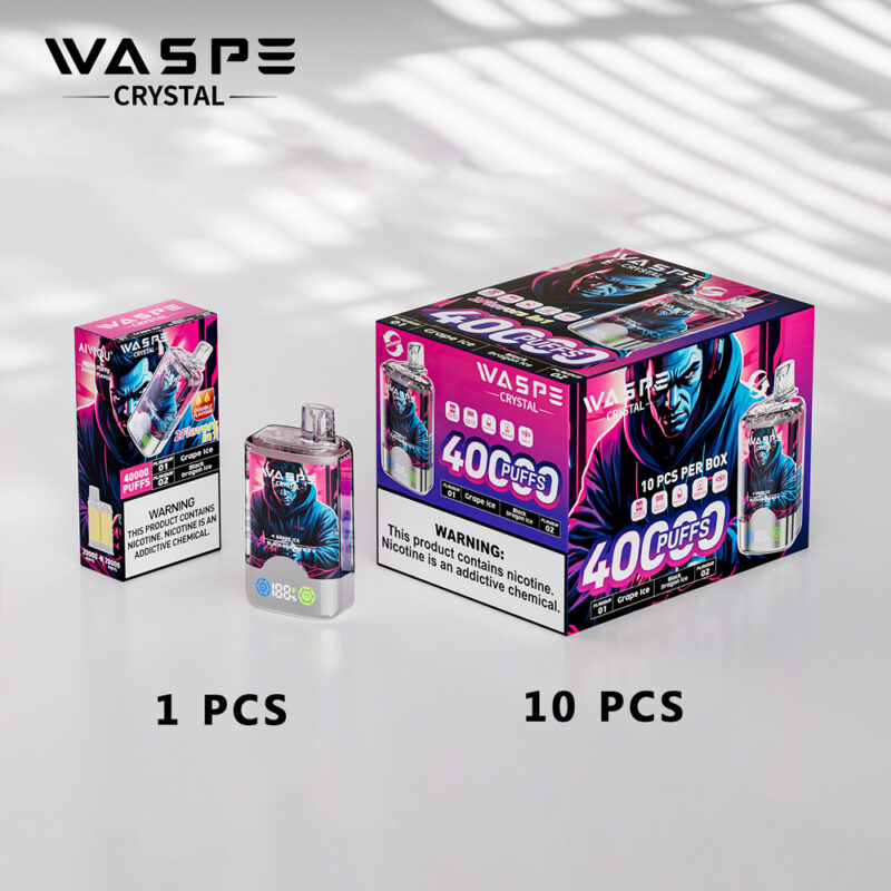 A box of 10 WASPE Crystal vape devices with one individual device in front, featuring a "Grape Ice" flavor and a warning label about nicotine addiction.