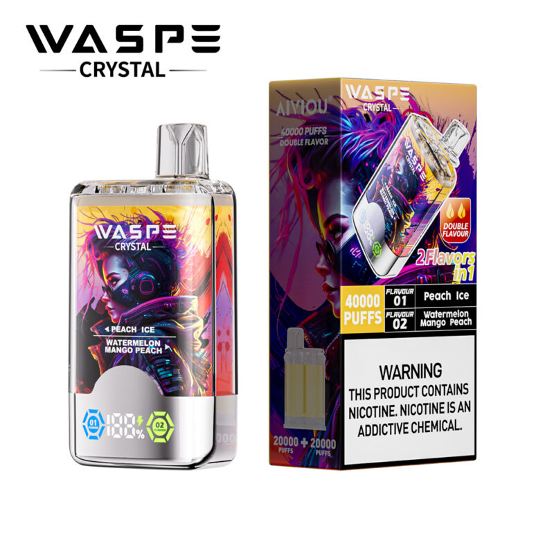 A vape device displayed alongside its packaging, featuring a colorful design with labels indicating two flavors: Peach Ice and Watermelon Mango Peach. The packaging includes a warning about nicotine content. The device shows a battery percentage and puff count icons.