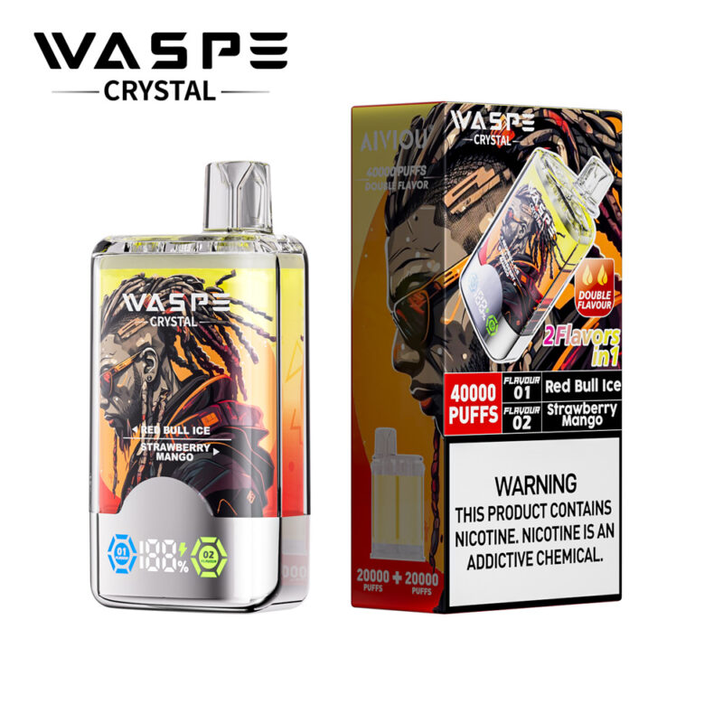 Vape device with double flavor (Red Bull Ice and Strawberry Mango) and a graphic design of a person with sunglasses on the packaging.
