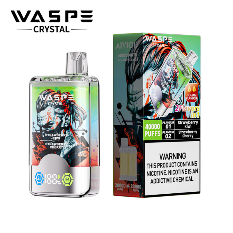A vape device with a graphic design featuring a person with red hair and two flavors: strawberry kiwi and strawberry cherry. It offers 40000 puffs and includes a warning about nicotine.