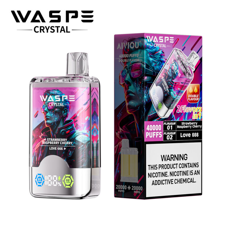 A colorful vape product packaging featuring the WASPE Crystal brand. The product is shaped like a small bottle and labeled with "Strawberry Raspberry Cherry" and "Love 666." It highlights features such as "40000 puffs," "Double Flavor," and a warning about nicotine. The design includes an abstract graphic of a person wearing sunglasses and has bright colors and digital elements.