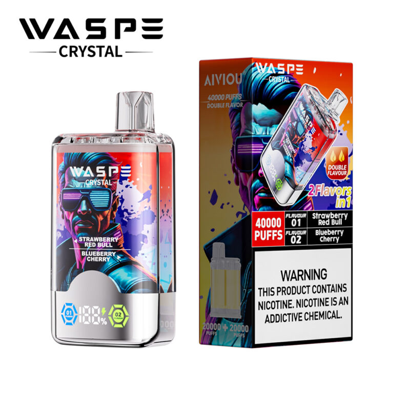 WASPE Crystal vape device with dual flavors (Strawberry Red Bull and Blueberry Cherry), 40,000 puffs, and a warning about nicotine.