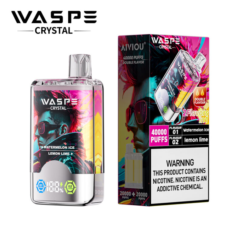 A packaging design for the WASPE Crystal vaping product, featuring vibrant colors and a graphic of a stylized person with spiked hair and sunglasses. The box advertises double flavors: Watermelon Ice and Lemon Lime, with text indicating it offers 40,000 puffs. A warning about nicotine being an addictive chemical is also displayed.