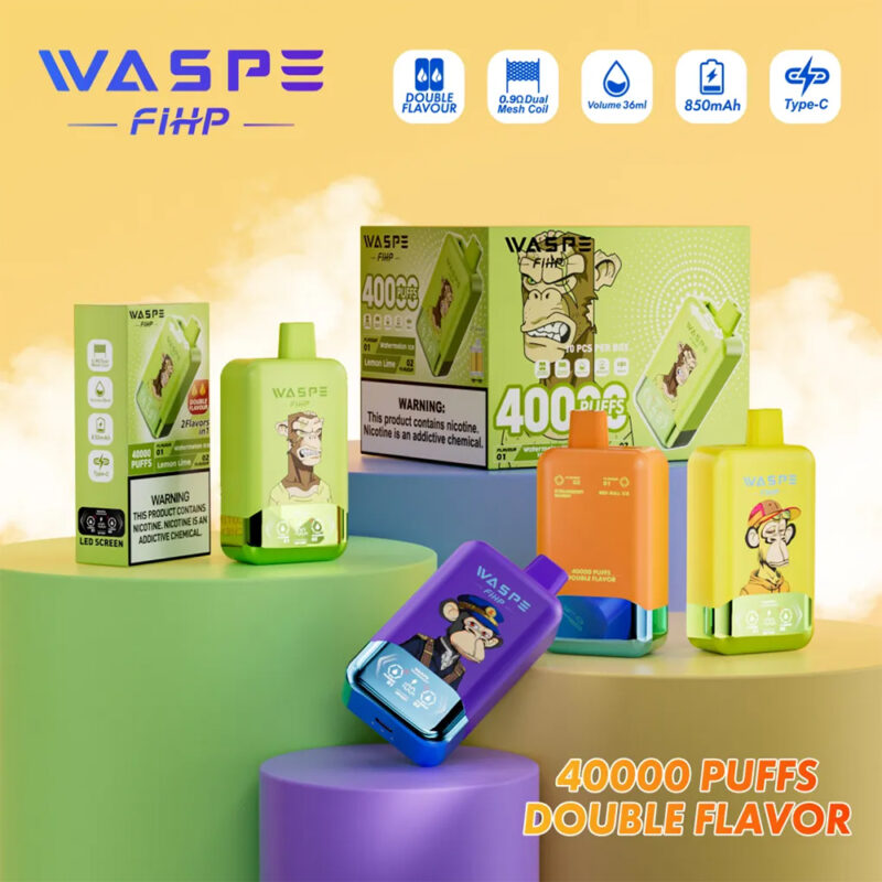 Promotional display of WASPE FIHP 40000 Puffs disposable vape devices featuring 40,000 puffs, double flavor options, 36ml capacity, 850mAh battery, and Type-C charging, with colorful packaging and LED screen.