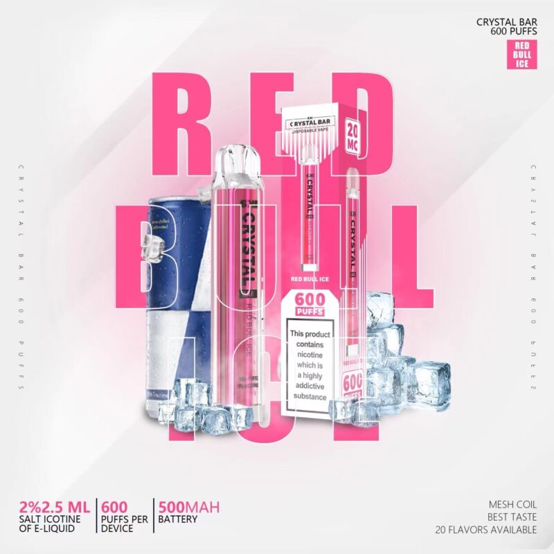 Advertisement for Crystal Bar Red Bull Ice disposable vape with 600 puffs, featuring a pink and white design with ice cubes, and text highlighting nicotine content and battery specifications.