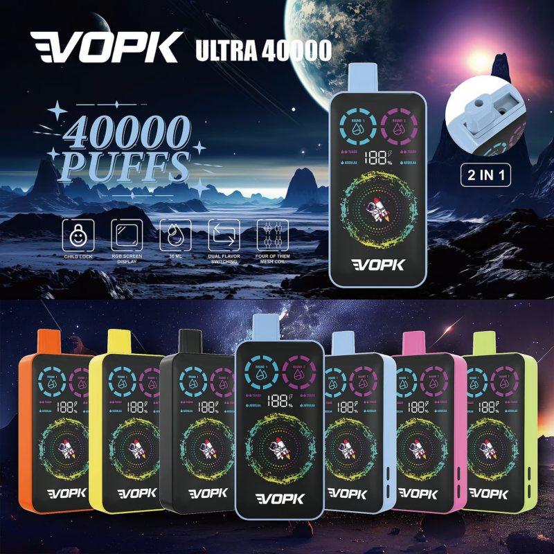 Promotie-afbeelding met VOPK Ultra 40000 wegwerp-vape-apparaten, met de nadruk op de capaciteit van 40.000 trekjes, het RGB-scherm en de kinderbeveiliging met een futuristische ruimtethema-achtergrond.