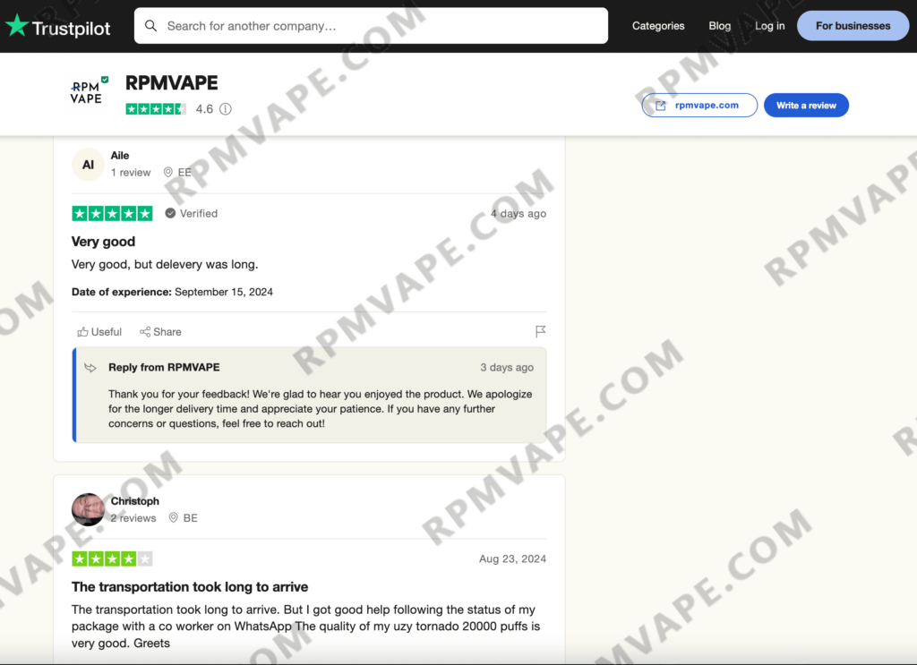 Trustpilot reviews for RPMVAPE, one five-star review mentioning good product but slow delivery, and a reply from RPMVAPE apologizing for the delay; another three-star review noting slow transportation but good product quality and customer service via WhatsApp.