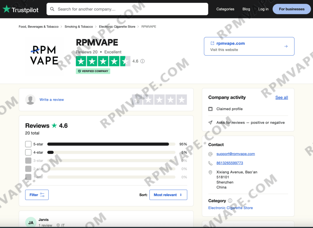 Trustpilot review page for RPMVAPE, showing a 4.6-star rating based on 20 reviews, with 95% being 5-star and 5% being 4-star reviews. The company is verified, and its contact information is displayed, including email, phone number, and address in Shenzhen, China.