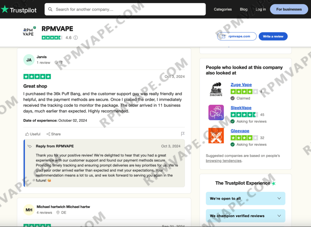 Trustpilot review for RPMVape, rated 4.6 stars, where a user named Jarvis praises the customer support, secure payment methods, and quick delivery for a 36k Puff Bang order placed on October 2, 2024.
