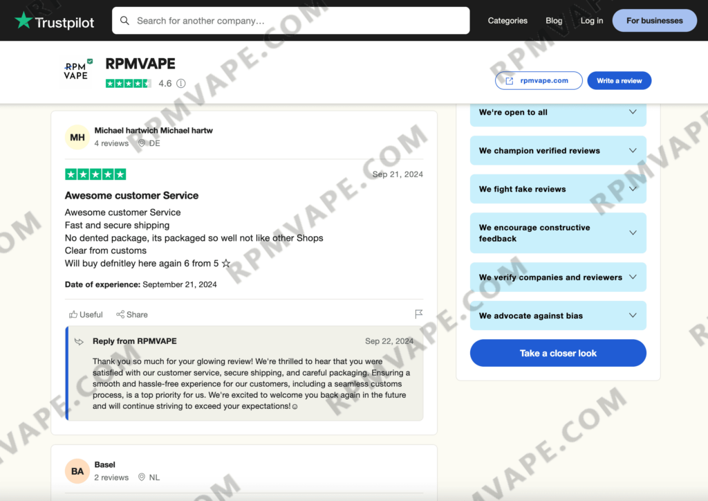 Trustpilot review for RPMVAPE showing a 5-star rating from a customer praising the awesome service, fast and secure shipping, and good packaging. The review was left on September 21, 2024, and the company responded positively on September 22, 2024.