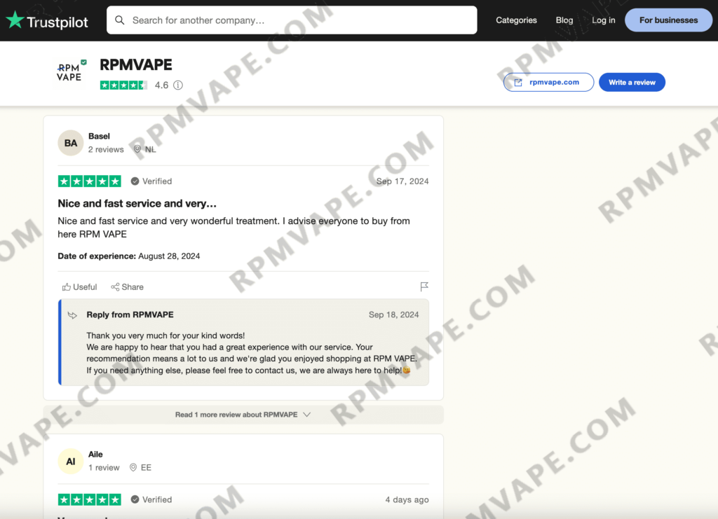 Trustpilot review page for RPMVAPE showing two 5-star reviews from verified customers praising fast service and excellent treatment, with one response from the company.