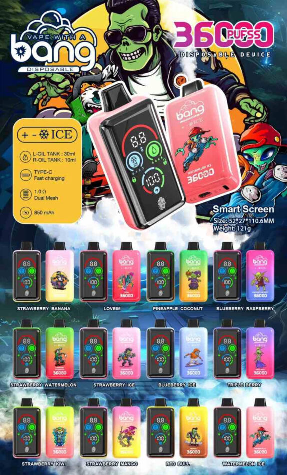 A disposable vape device with a digital display, labeled "Bang Disposable," featuring 36,000 puffs, dual oil tanks (30ml and 10ml), fingerprint pressure regulation, Type-C charging, and an 850mAh battery.