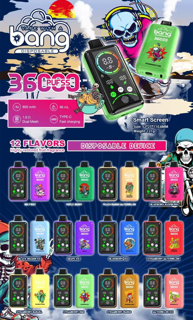 Dispositivo de vapeo desechable con 36000 bocanadas, pantalla inteligente, batería de 850 mAh, capacidad de 36 ml de e-líquido, carga rápida tipo C, bobina de malla dual de 1.0 Ω, disponible en 12 sabores de frutas que incluyen fresa, kiwi y melocotón, mango y sandía.