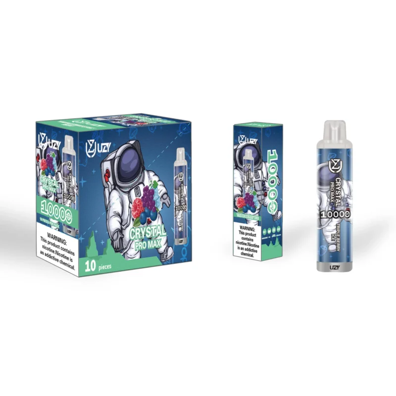 Packaging and product design for UZ Crystal Pro Max vape, featuring an astronaut graphic with fruit imagery and a warning about nicotine content.