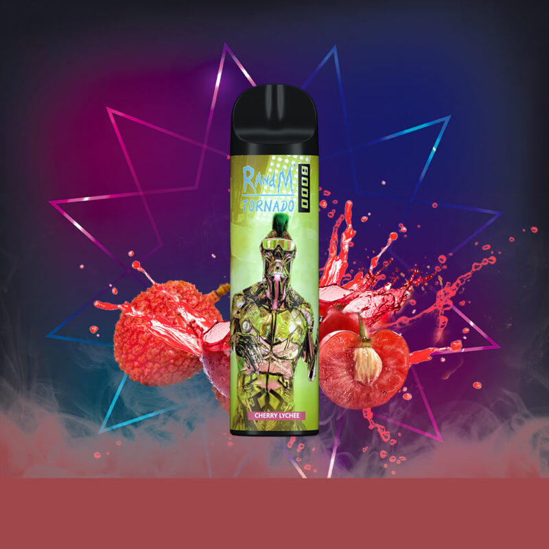 Dispositivo per lo svapo colorato con l'etichetta "RandM Tornado" raffigurante un guerriero, su uno sfondo di vivaci frutti di ciliegia e litchi con spruzzi di liquido.