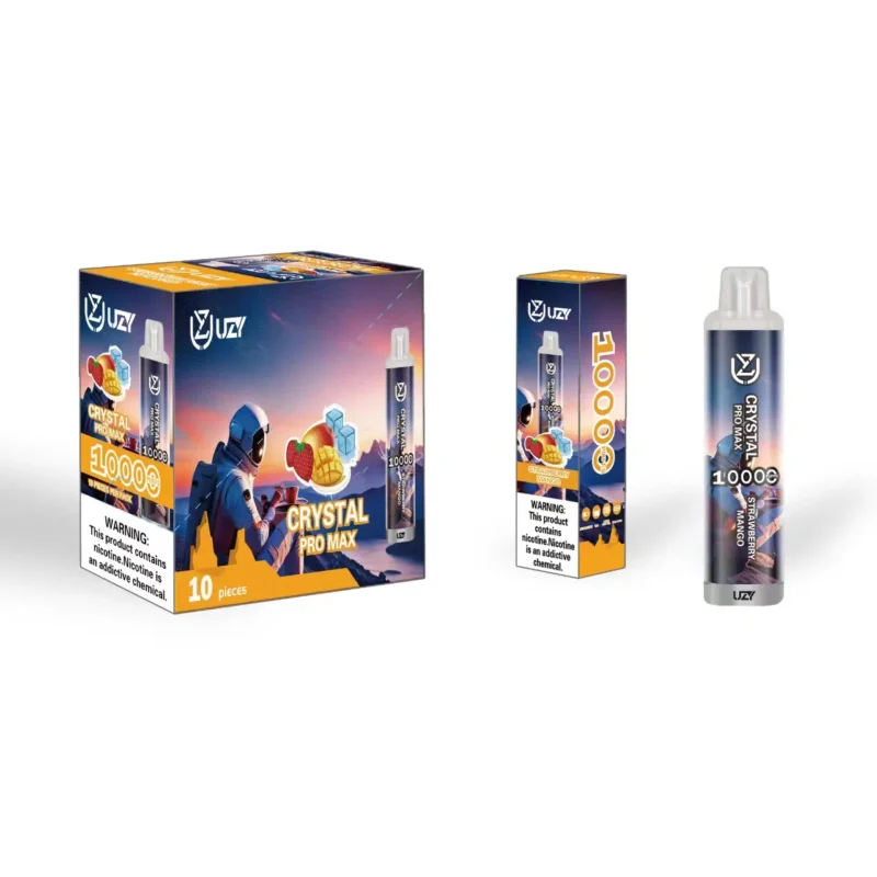 Packaging of Crystal Pro Max vaping product featuring a futuristic design with fruit illustrations and a health warning about nicotine.
