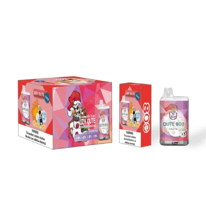 Verpackungs- und Produktbild der Einweg-E-Zigarette Uzy Qute 800 mit Cola-Eis-Geschmack, farbenfrohem Branding und einer Zeichentrickfigur sowie einer deutlich sichtbaren Nikotinwarnung.