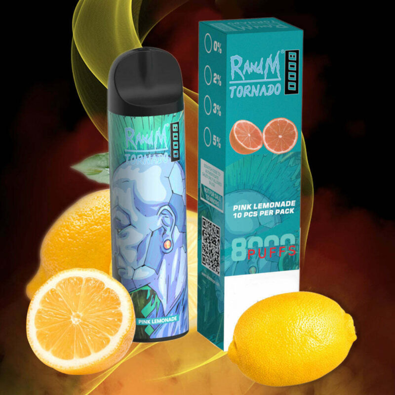 Un dispositivo per svapare e la sua confezione di RandM Tornado, caratterizzato dal sapore di limonata rosa, con elementi grafici che includono l'illustrazione di una testa robotica, il tutto circondato da immagini di limoni e uno sfondo giallo vorticoso.