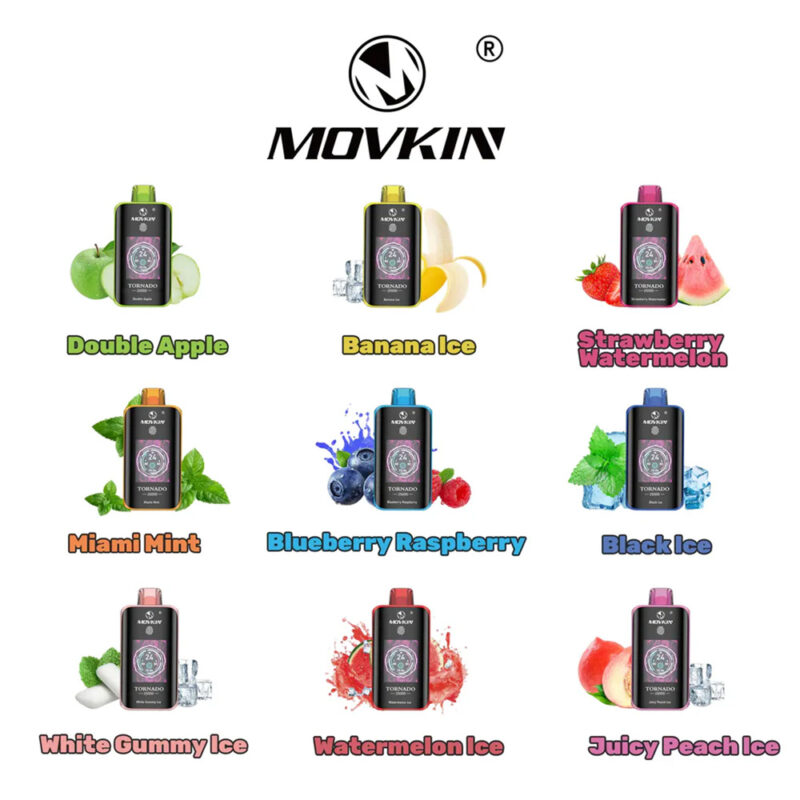 Image showing nine flavored vape devices by Movkin, each paired with corresponding fruit or ice imagery: Double Apple, Banana Ice, Strawberry Watermelon, Miami Mint, Blueberry Raspberry, Black Ice, White Gummy Ice, Watermelon Ice, and Juicy Peach Ice.