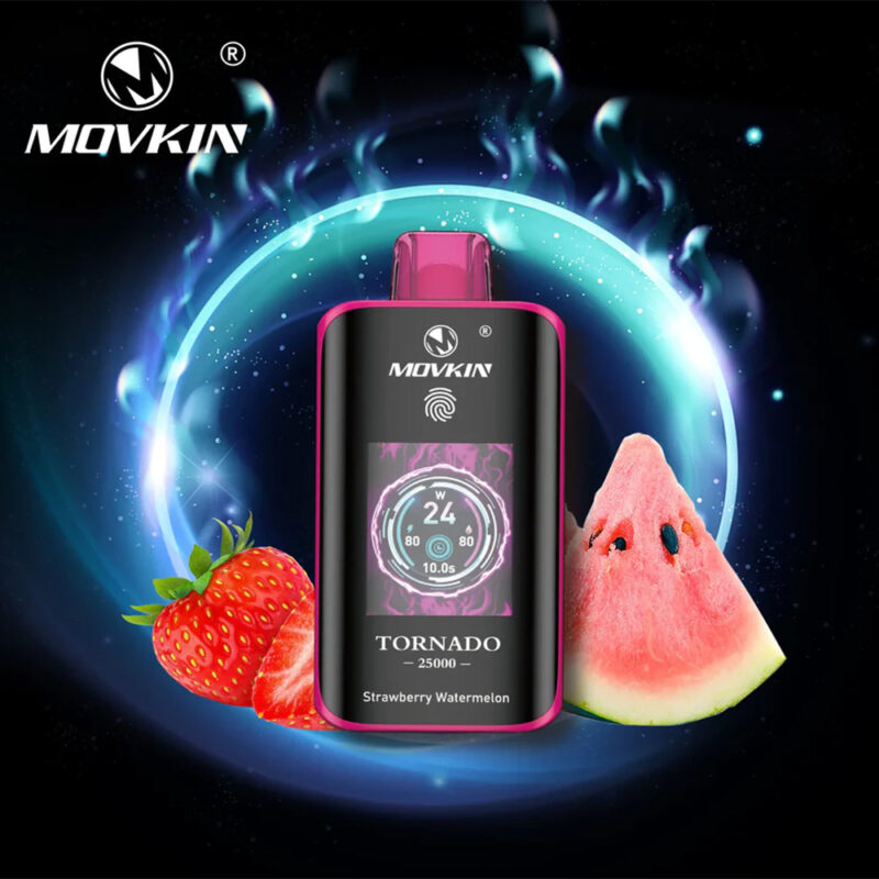 A Movkin Tornado 25000 vape device with a strawberry watermelon flavor, displayed alongside images of a strawberry and a watermelon slice, set against a glowing circular backdrop.