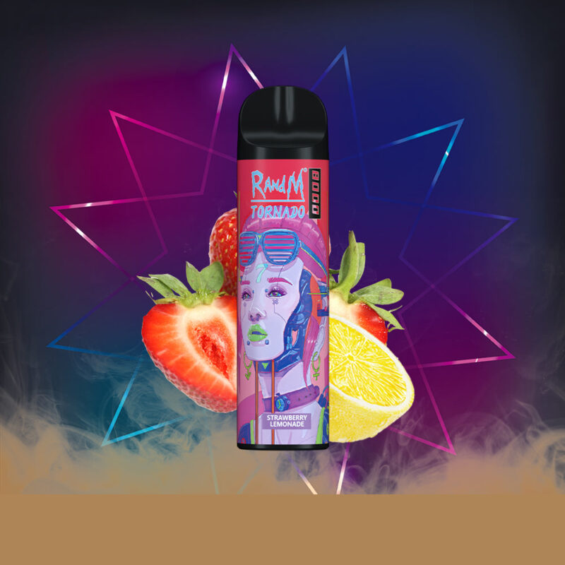 Dispositivo per svapare etichettato 'R and M Tornado' al gusto di limonata alla fragola, posizionato tra una fragola tagliata a metà e una fetta di limone, su uno sfondo geometrico colorato.