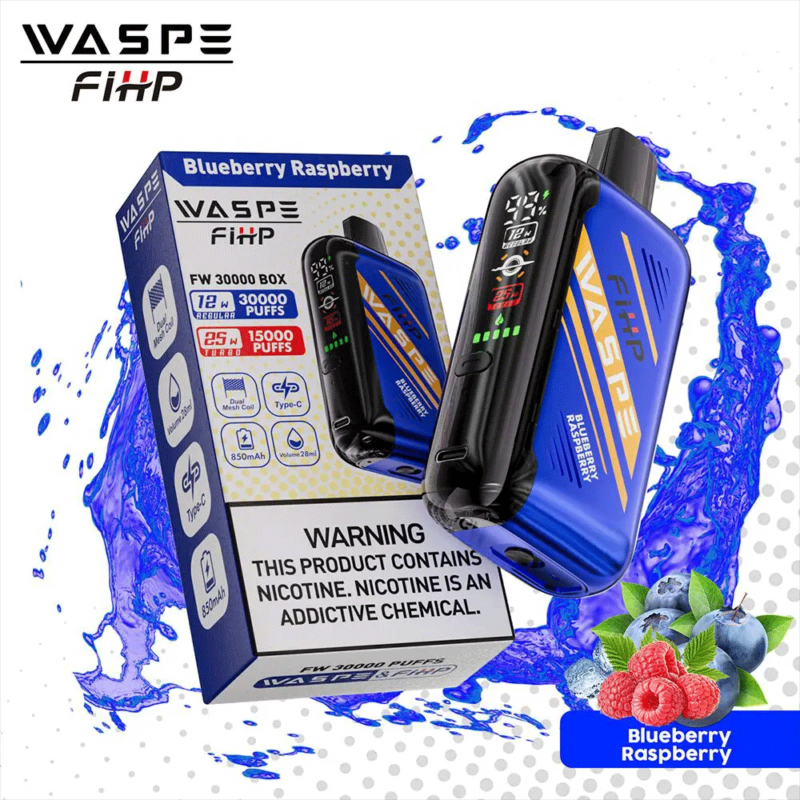 WASPE FiHP vape-apparaat en verpakking met de smaak "Blueberry Raspberry", goed voor 30.000 trekjes, dubbele mesh-spoel, Type-C-opladen, 850 mAh-batterij en nicotinewaarschuwingslabel.