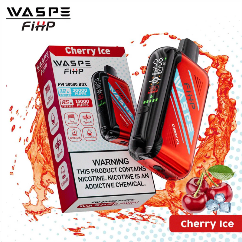 WASPE FiitP vape-apparaat in Cherry Ice-smaak, met verpakking met specificaties: 30.000 trekjes, 850mAh-batterij, dubbele mesh-spoel, Type-C-opladen. Waarschuwingslabel vermeldt dat nicotine een verslavende chemische stof is.