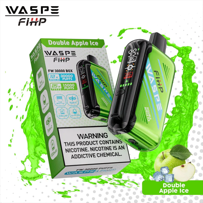 WASPE FiHP Double Apple Ice vape-box en -apparaat, met een groene kleurstelling, 30.000 trekjes, 12 ml e-liquid-capaciteit, Type-C-opladen en nicotinewaarschuwing.