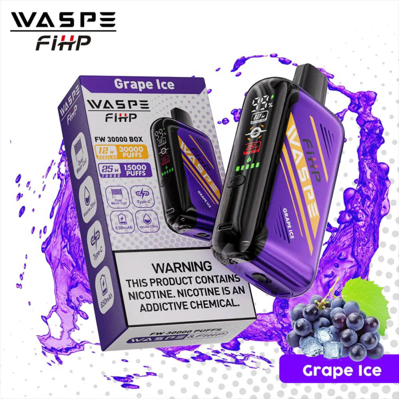 WASPE FiHP wegwerp-vape-apparaat in Grape Ice-smaak, met een paars en zwart ontwerp, capaciteit van 30.000 trekjes, 850mAh-batterij, Type-C-opladen en 12 ml e-liquidcapaciteit. Waarschuwingen over nicotineverslaving staan op de verpakking.
