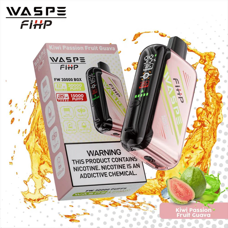 WASPE FiHP vape-apparaat met de smaak Kiwi Passion Fruit Guava, met productdetails zoals 30.000 trekjes, 12 ml e-liquid, 5% nicotine en een waarschuwing over nicotineverslaving.