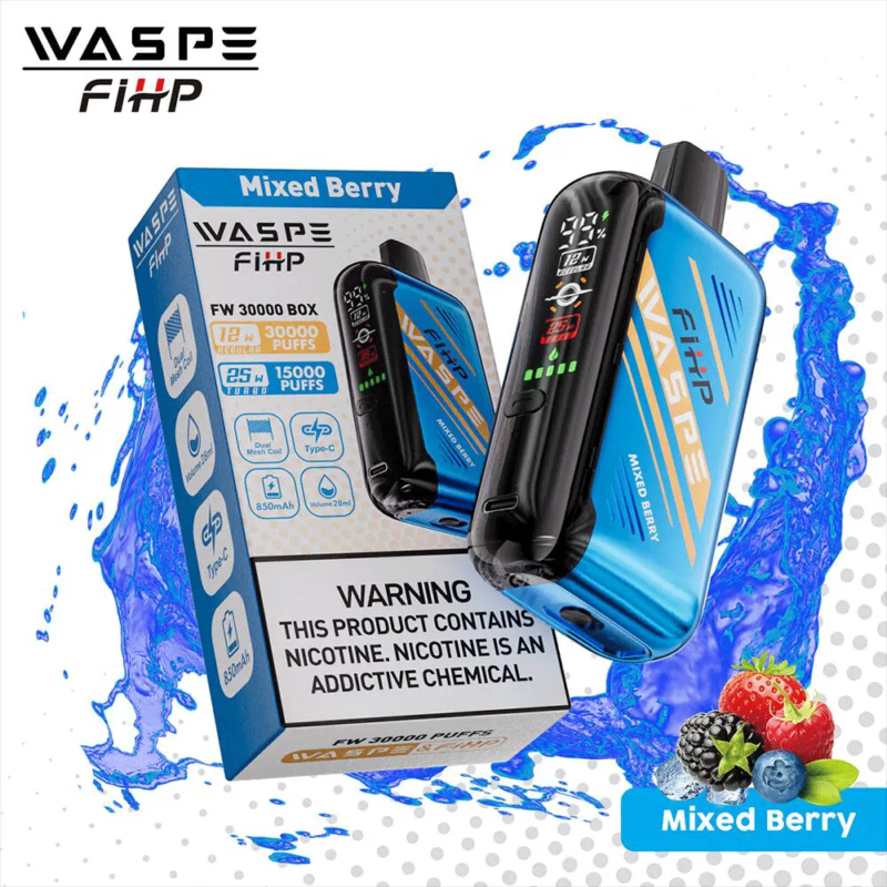 "WASPE FiHP FW 30000 Box vape-apparaat in gemengde bessensmaak, met een blauw en zwart ontwerp, capaciteit van 30.000 trekjes, 12 ml e-liquid, 25 mg nicotine, dubbele mesh-coil, 850 mAh-batterij, Type-C-opladen en een waarschuwingslabel over nicotineverslaving."