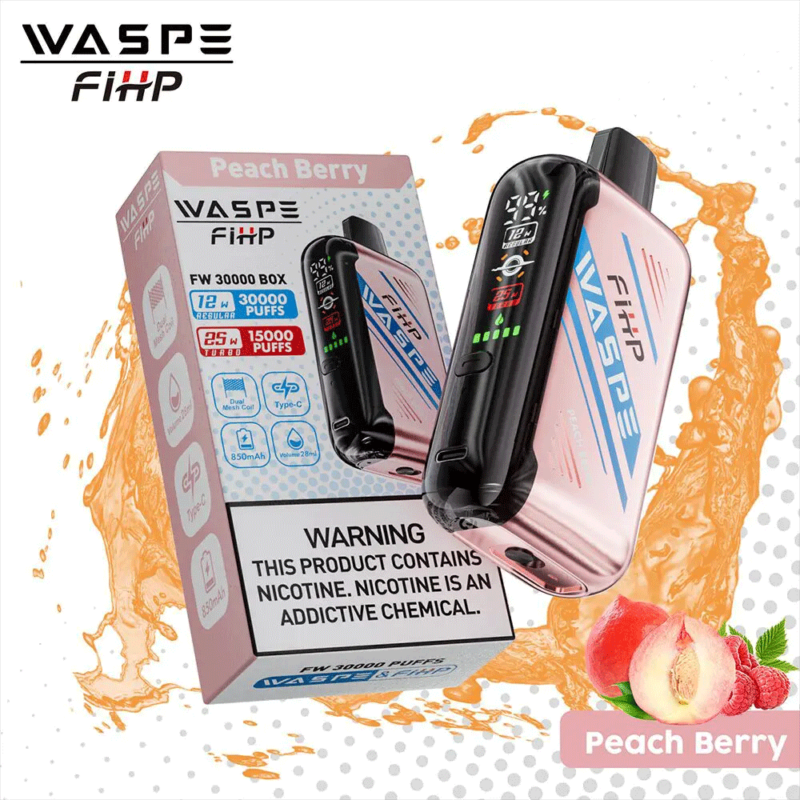 "WASPE FiiHP Peach Berry vape-apparaatverpakking met productdetails, waaronder 30.000 trekjes, dubbele mesh-spoel, Type-C-opladen, 850 mAh-batterij en een waarschuwing over nicotine."